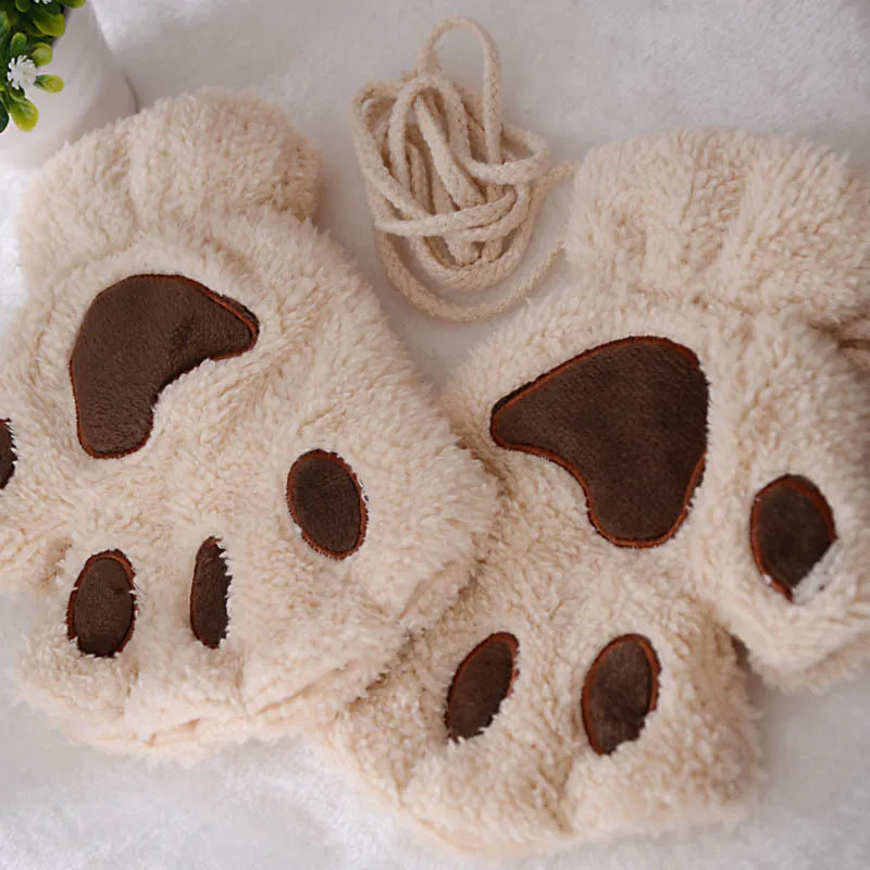 Women's Plush Cat Paw Fingerless Gloves