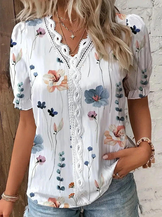 Jacquard V-Neck Lace-Detail Top