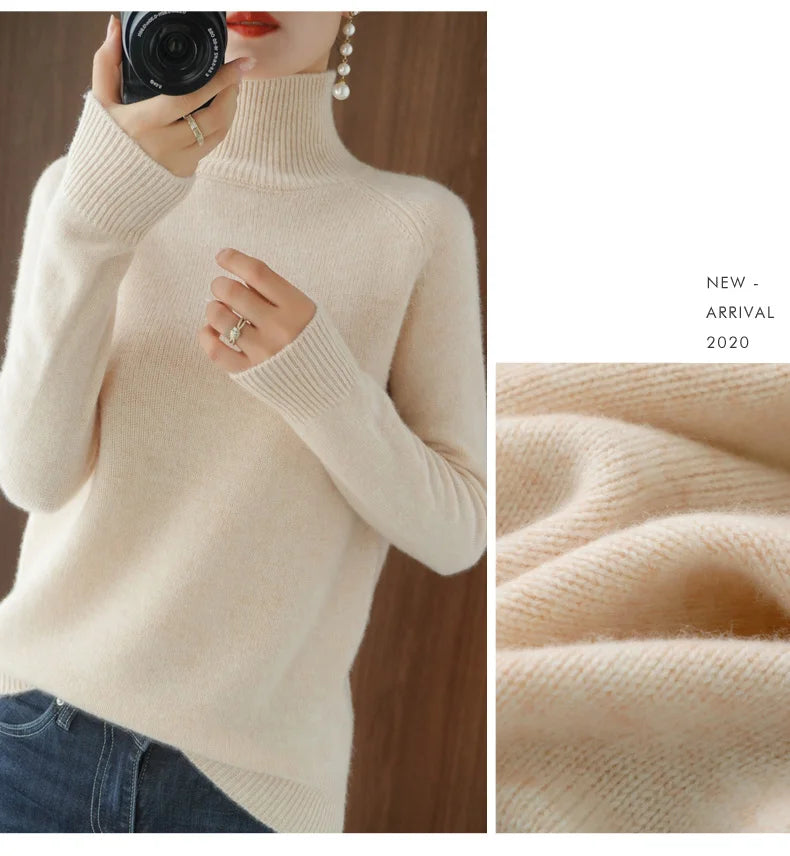 Fashion Basic Autumn Winter Merino Wool Sweater Mock Neck Cashmere Pullover Solid Color Soft Long Sleeve Basic Clothing Tops
