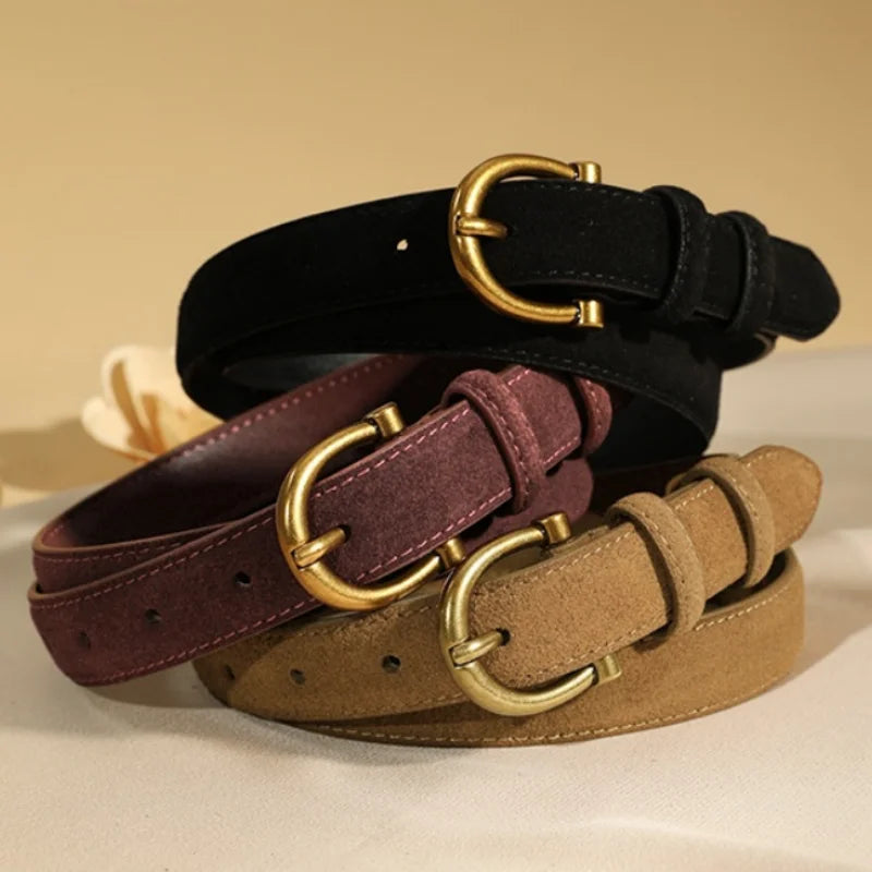 Women's Suede Belt with Gold Horseshoe Buckle