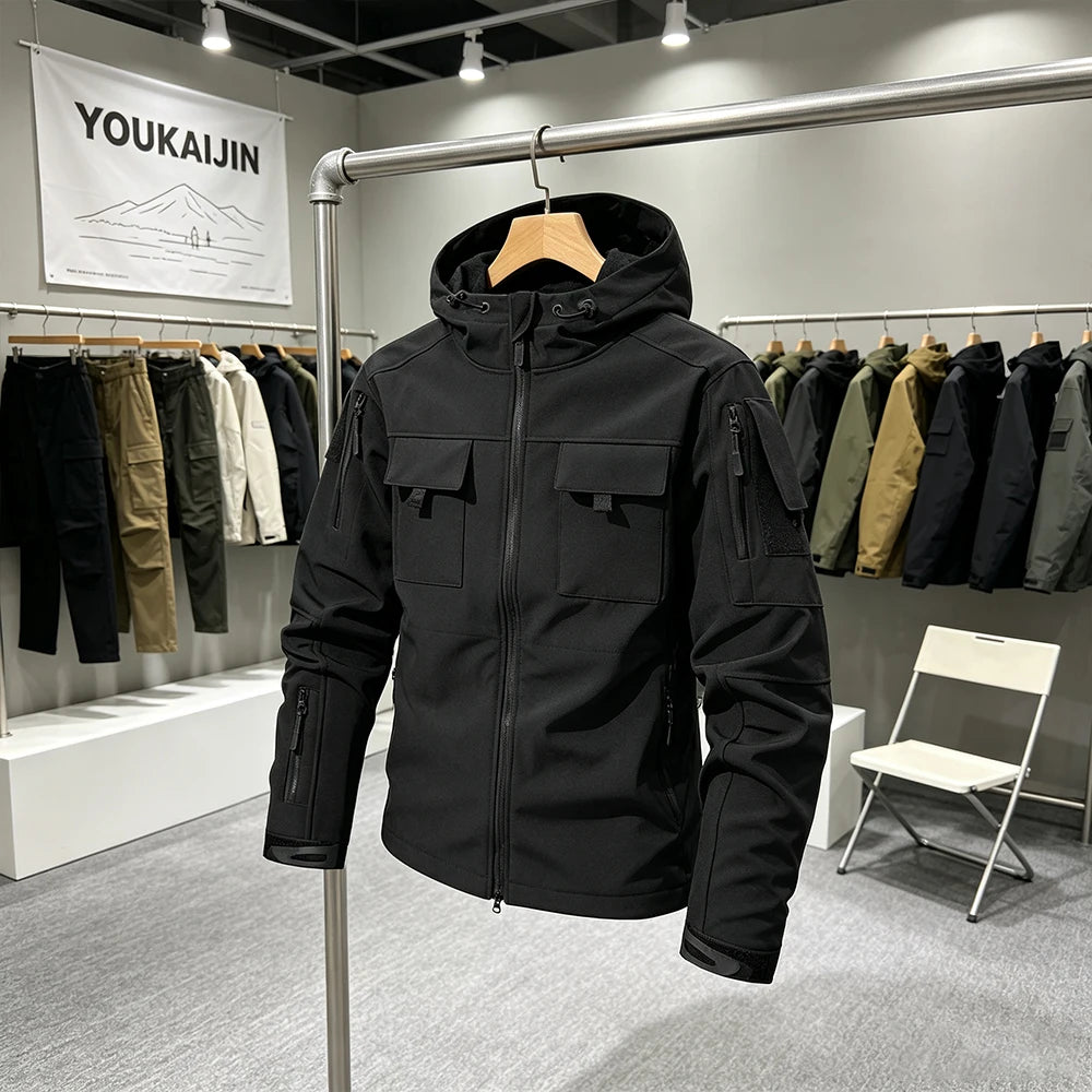 Men's Military Soft Shell Tactical Jacket Winter Warm Fleece Hunting Jackets Outdoor Hiking Fishing Hooded Multi-pockets Coat