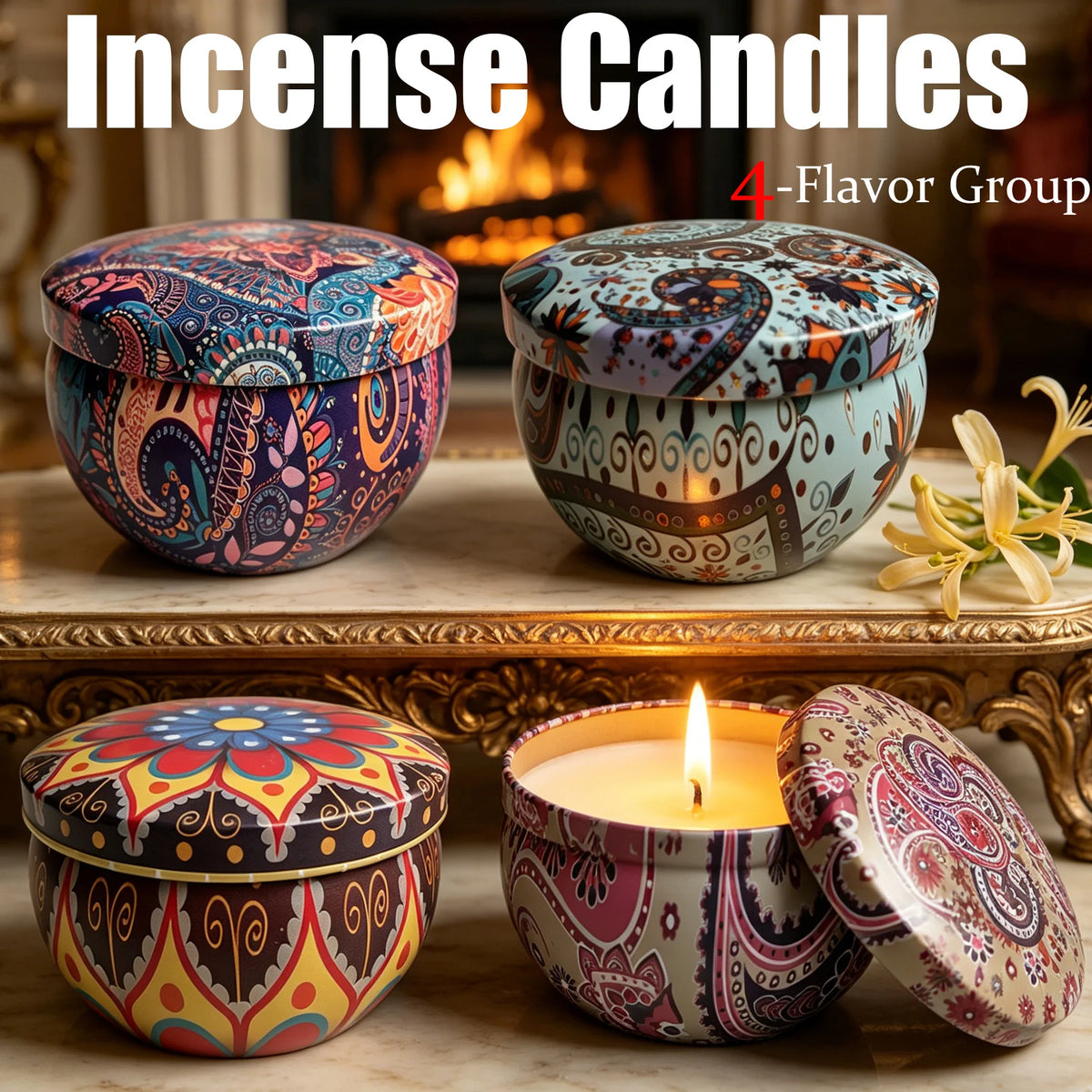 Exquisite Scented Candles in a Tin Box, Containing 4 Flavors Including Honeysuckle, Lavender, Lemongrass, and Freesia, Essential Oil-Infused, with Long-Lasting Fragrance, Suitable for Home, Office, Yoga, and Meditation