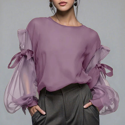 Mesh-Bluse mit Schleifendetail und Laternenärmeln