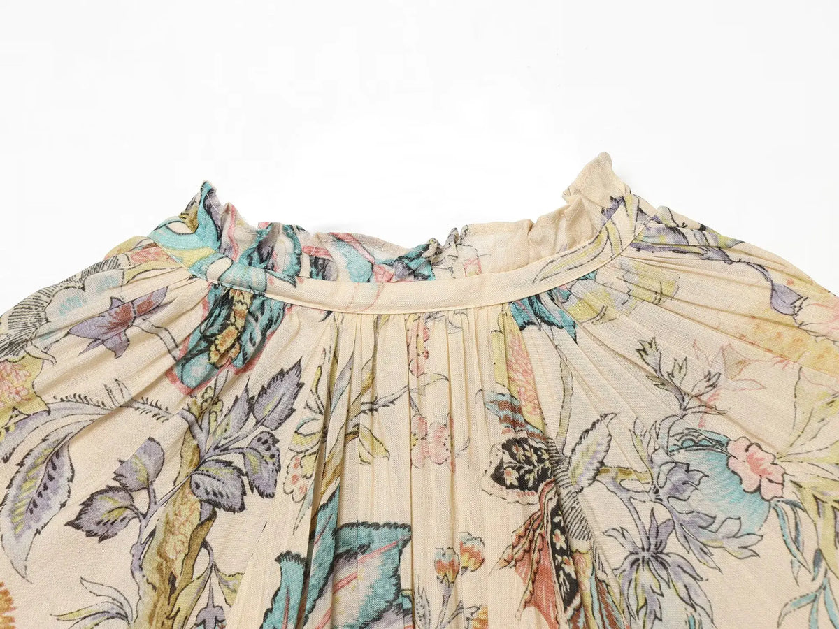Willshela Women Fashion Printed Bow Lace Up Pleated Blouse Vintage O-Neck Long Puff Sleeves Female Chic Lady Shirts