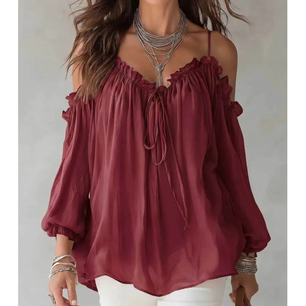 Elegant Off Shoulder Blouse Ruffled V Neck Lace Up Puff Sleeve Chiffon Shirts Loose Casual Summer Fashion Women Long Sleeve Top
