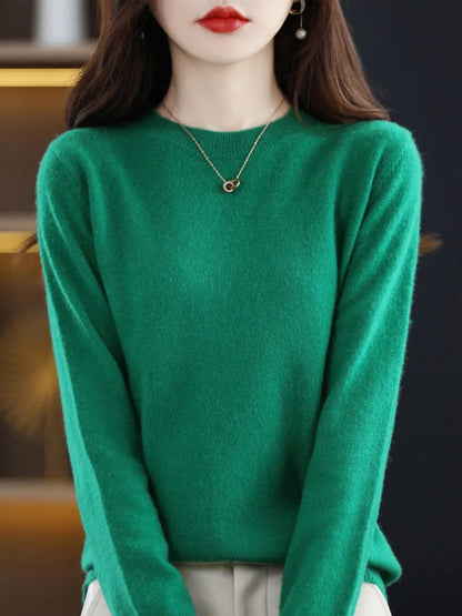 Suéter de moda 100 % lana merina, elegante jersey de cachemira para mujer, prenda básica de punto con cuello redondo y manga larga, top tipo jersey