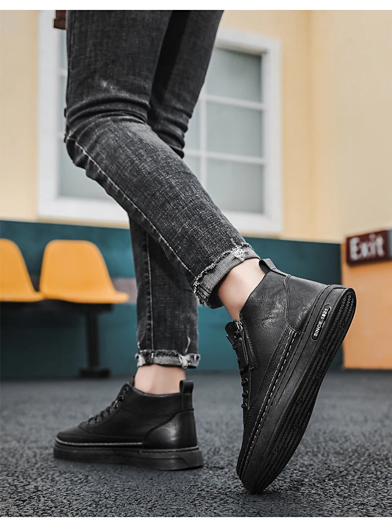 Men's boots autumn and winter new warm plush outdoor casual boots work boots fashion versatile soft soled comfort leather boots