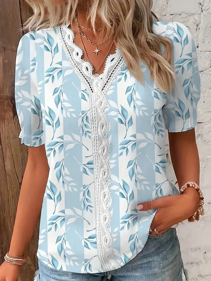 Top in jacquard con scollo a V e dettagli in pizzo