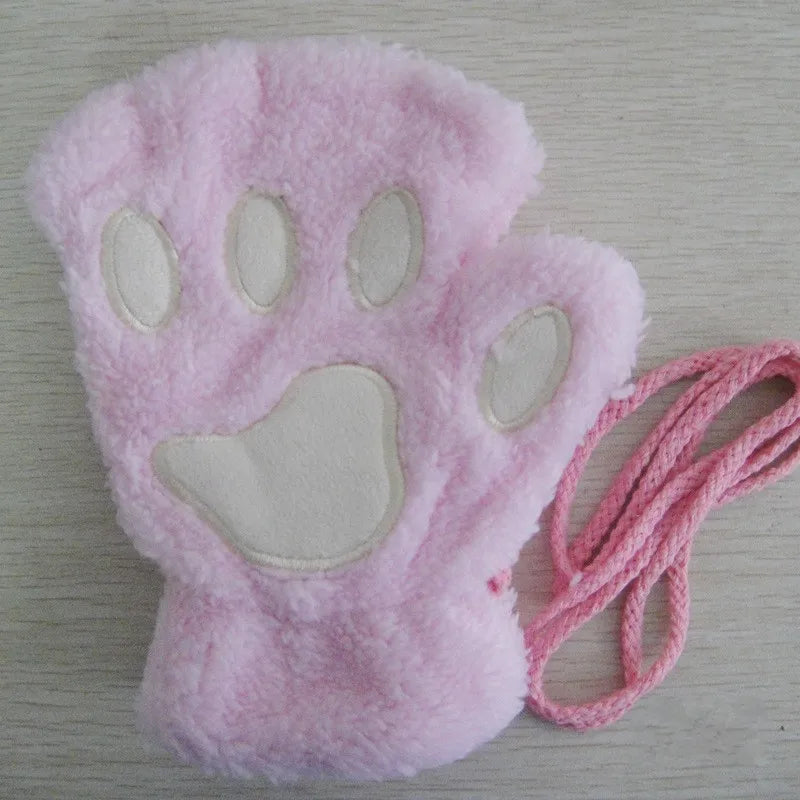 Women's Plush Cat Paw Fingerless Gloves