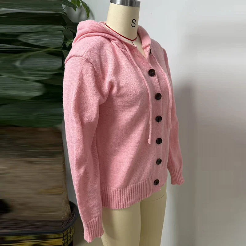 New Casual Hoodeis Sweater Women Fashion Knitted Sweater Cardigan Women Autumn Winter Solid Color Loose Button Jacket Women Coat