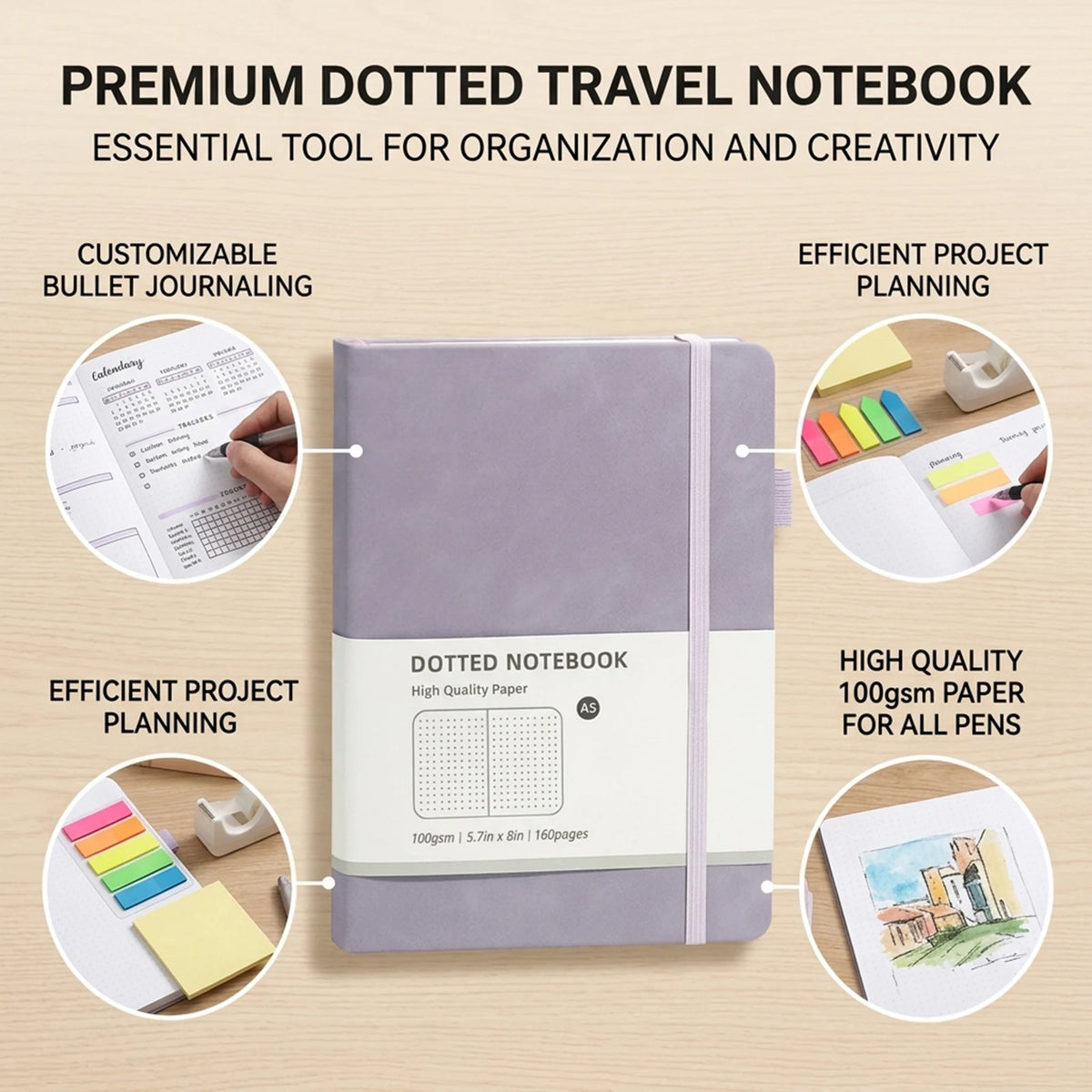 A5 Hardcover Notebook Macaron Colors Business Planner with Elastic Band Dot Grid and Lined Pages Portable Durable for School
