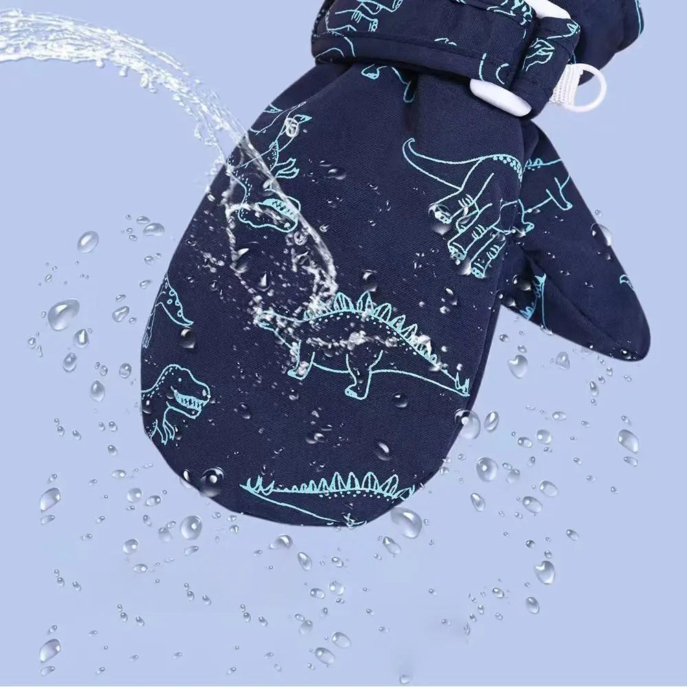 Kids' Dinosaur Print Winter Gloves – Fleece-Lined Snow Gloves