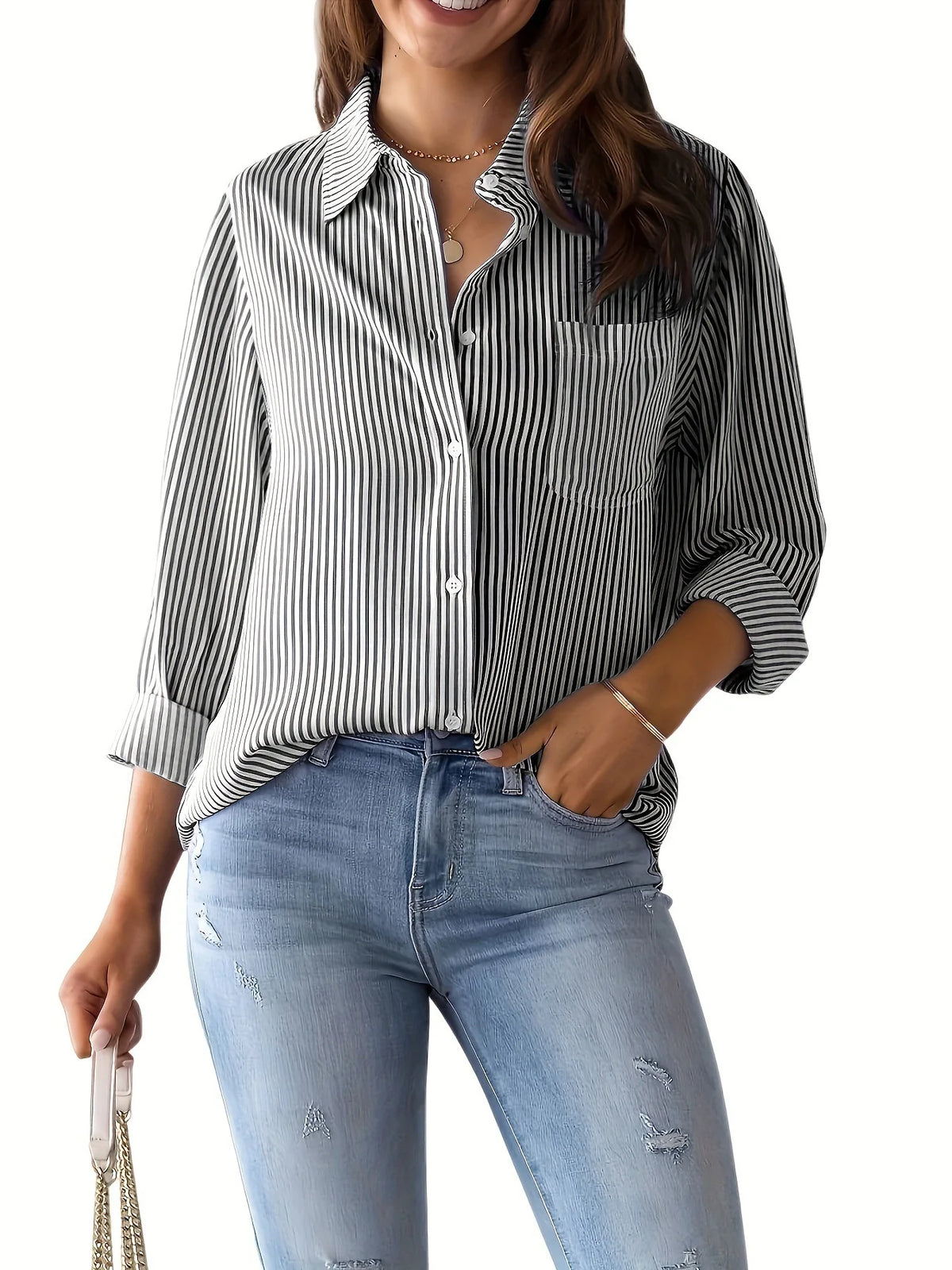 Women Long Sleeve Striped Loose Shirt Office Lady Elegant Turn Down Collar Harajuku Blouse Casual Lapel Tops Female Clothes