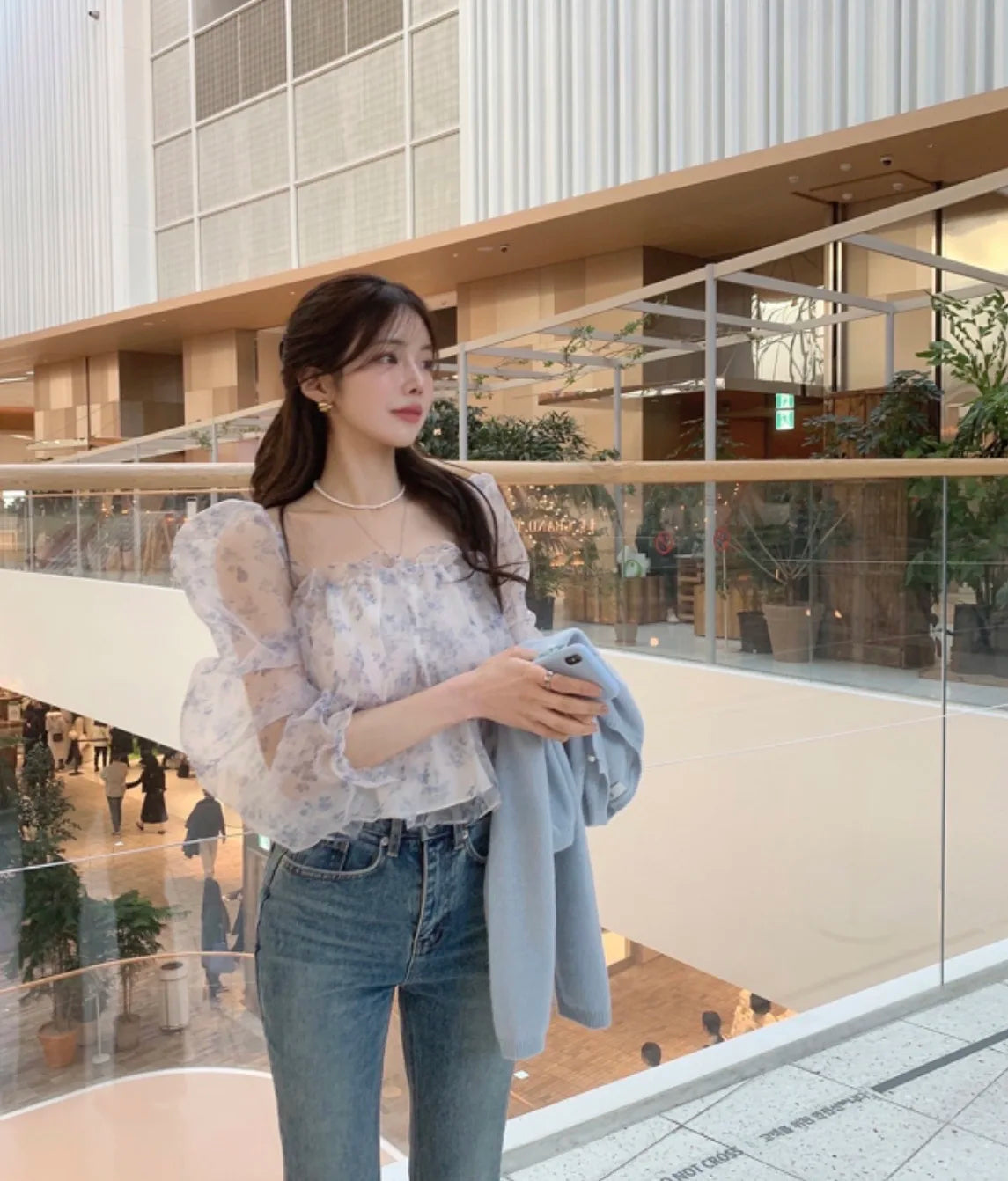 Chic Spring Women's Blouse Gentle Shoulder Bared Floral Bubble Sleeve Chiffon Top Korean Style Loose Fit Long Sleeve Short Le...