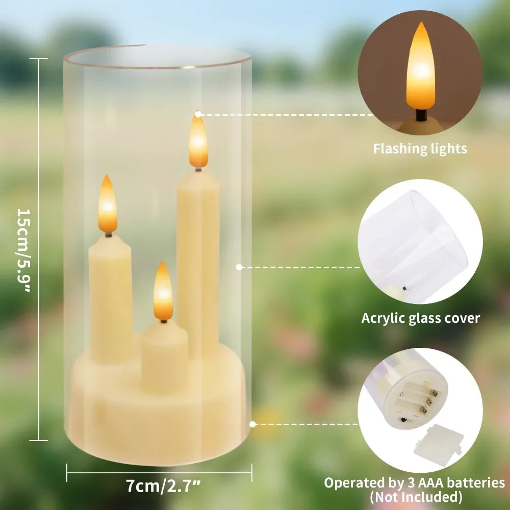 Flameless 3 in 1 LED Taper Candles with 15CM Lampshade Battery Operated Flickering Electric Window Candles for Christmas Wedding