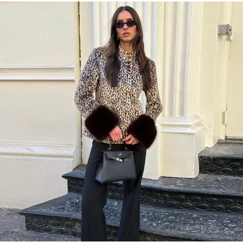 Street Leopard Print Fur Cuffs Jacket Women Stand Collar Full Sleeve Buttons Jackets 2026 Autumn Winter Fashion Lady Outwear