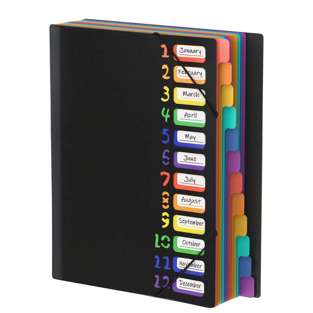 A4 expandable file folder with 12 compartments and 24 pockets, for organizing and storing documents and office supplies.