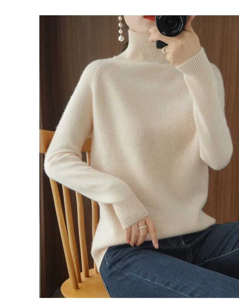 Fashion Basic Autumn Winter Merino Wool Sweater Mock Neck Cashmere Pullover Solid Color Soft Long Sleeve Basic Clothing Tops