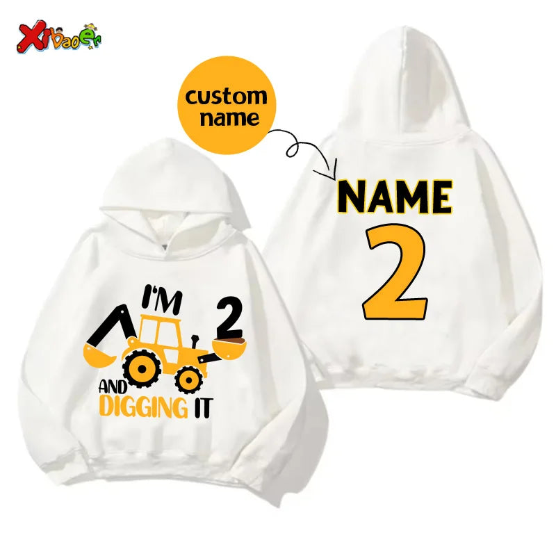 Kids' Custom Name Excavator Hoodie - Personalised Construction Birthday Sweatshirt