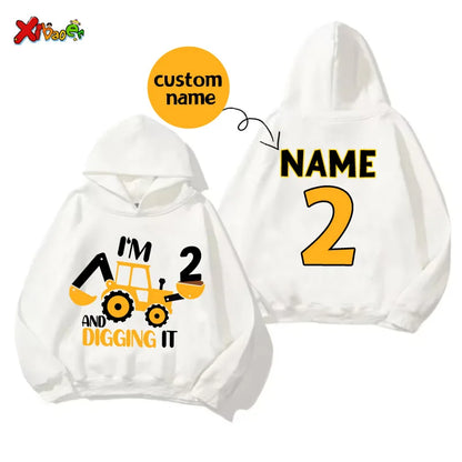 Kinder-Hoodie mit Bagger und individuellem Namen – personalisiertes Bauarbeiter-Geburtstags-Sweatshirt