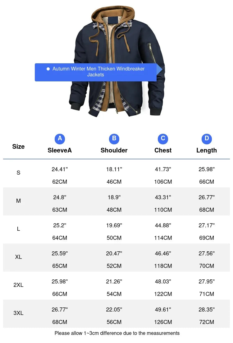 Autumn Winter Men's Warm Windbreaker Jacket Outdoor Man Thick Windbreaker Hiking Hooded Coats Men Thermal Sports Zipper Parkas J