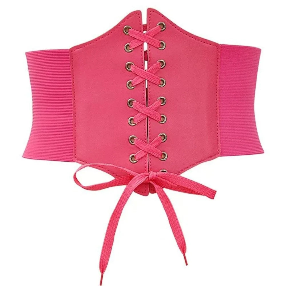 Women's Wide Elastic Corset Belt – Faux Leather Lace-Up Waist Belt