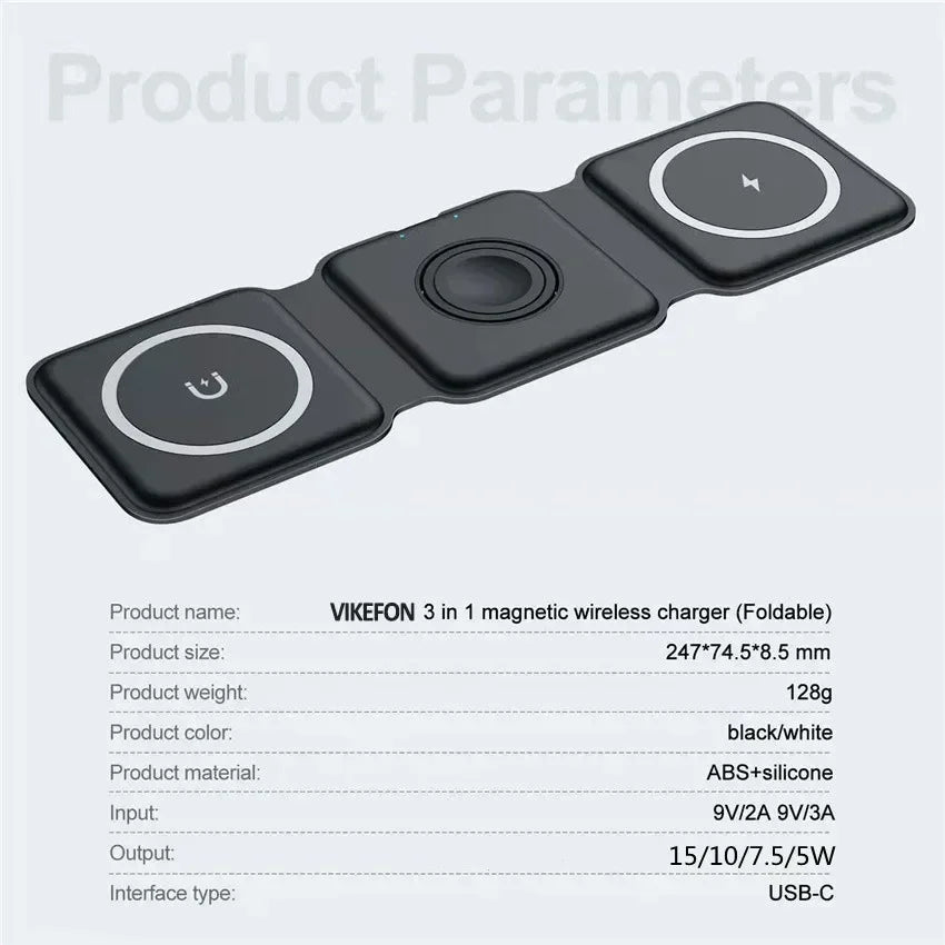 30W Foldable 3-in-1 Wireless Charger for Phone, Watch & AirPods