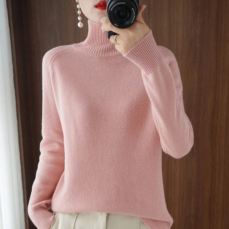 Fashion Basic Autumn Winter Merino Wool Sweater Mock Neck Cashmere Pullover Solid Color Soft Long Sleeve Basic Clothing Tops