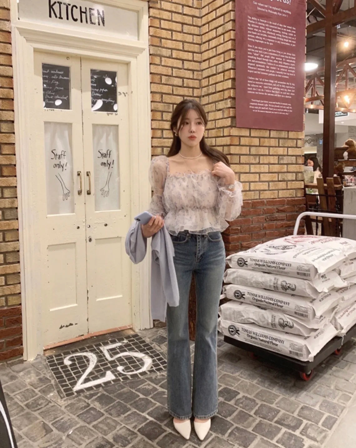 Chic Spring Women's Blouse Gentle Shoulder Bared Floral Bubble Sleeve Chiffon Top Korean Style Loose Fit Long Sleeve Short Le...