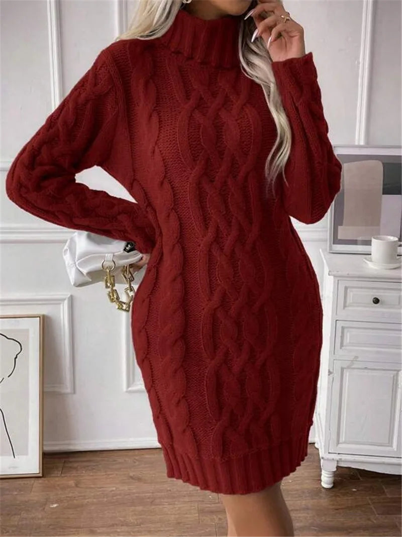 Women's Twisted-Knit Turtleneck Knee-Length Dress