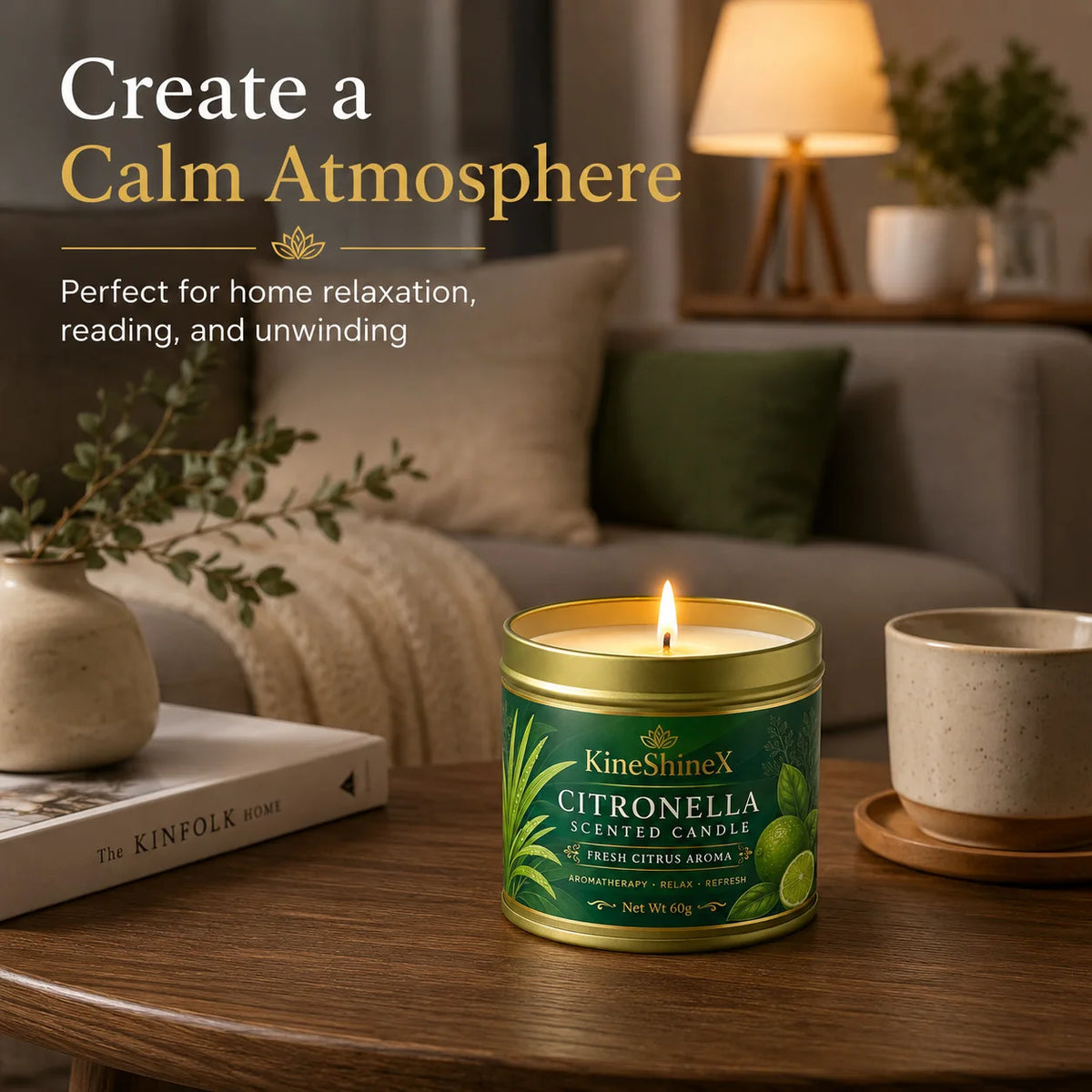 Citronella Scented Candle 60g–Fresh Citrus Aroma,Aromatherapy Relaxation,Up to 15H Burn Time,Clean Soot-Free for Indoor Outdoor