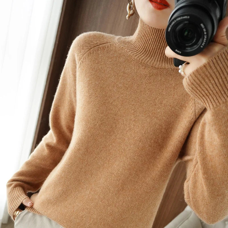Fashion Basic Autumn Winter Merino Wool Sweater Mock Neck Cashmere Pullover Solid Color Soft Long Sleeve Basic Clothing Tops