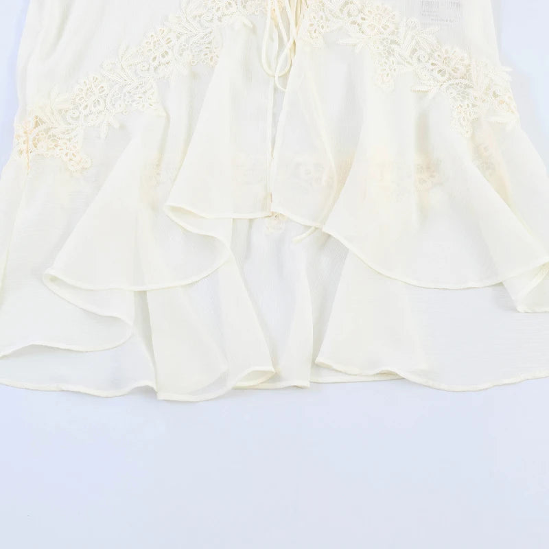 Willshela Women Fashion Lace Patchwork Lace Up Ruffled Pleated Blouse Vintage O-Neck Long Sleeves Female Chic Lady Shirts