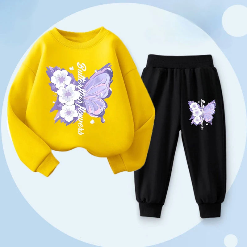 Girls' Butterfly Print Hoodie & Pants Set - 2-Piece Spring Tracksuit, Sizes 100-150