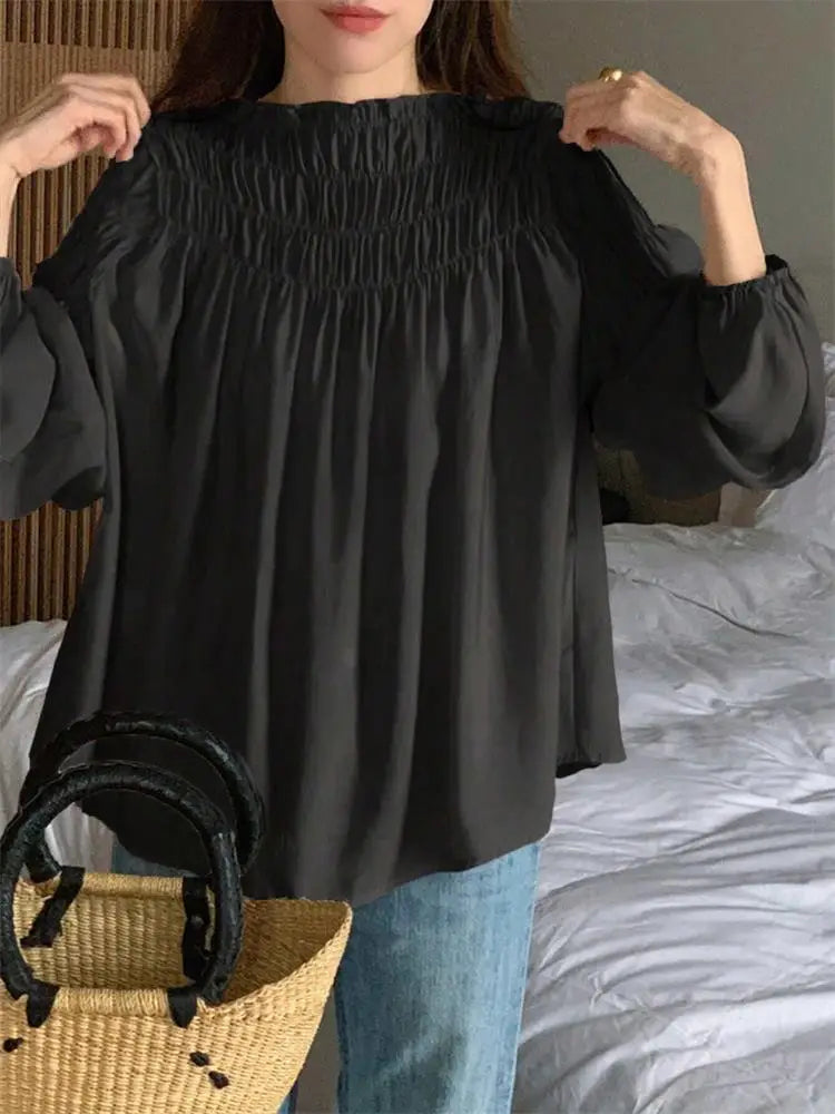 Korean Chic Sweet Elegant Chiffon Blouse With Puff Sleeves Round Neck Pleated Design for Women's Summer Shirts Loose Casual Top