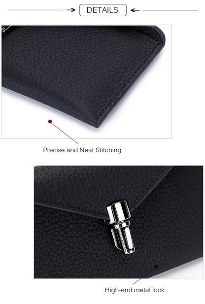 Cartera tipo sobre de cuero genuino para mujer – Clutch largo y delgado con cierre de seguridad