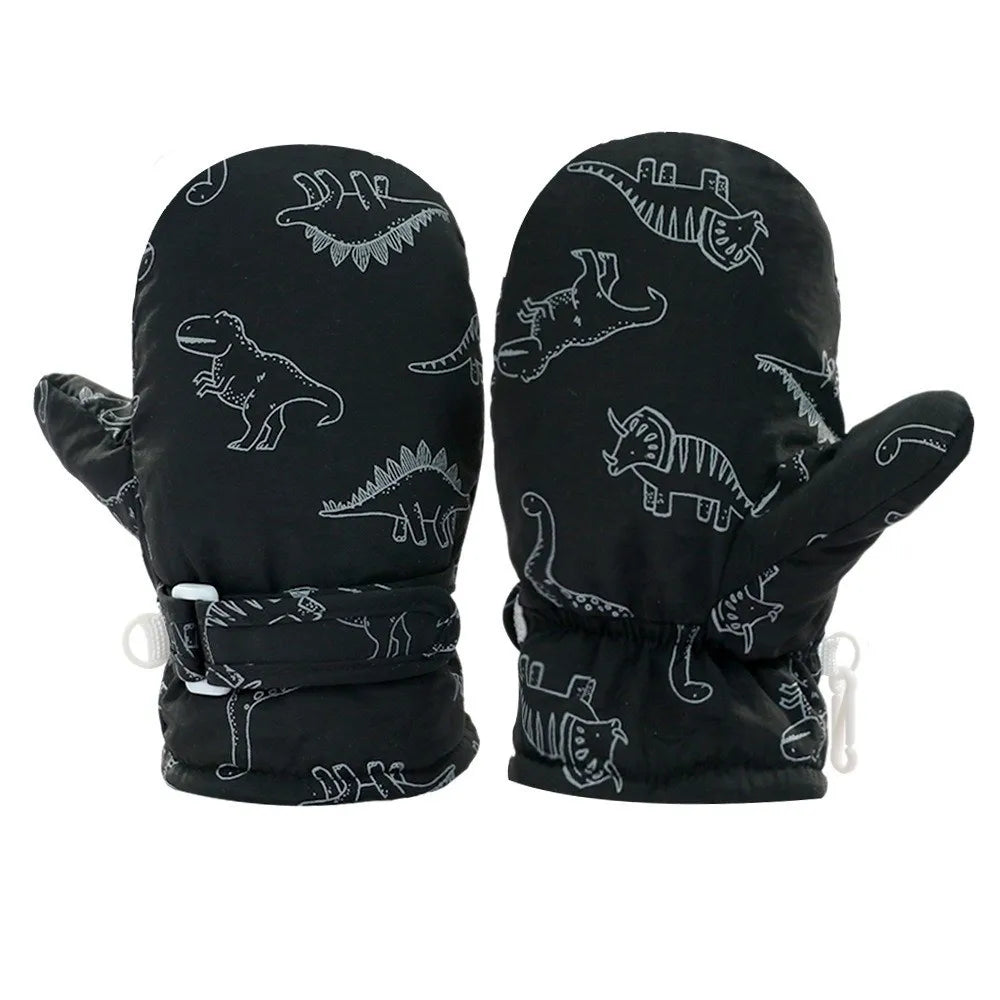 Toddler Dinosaur Snow Mittens – Fleece-Lined, Sizes S, M, L