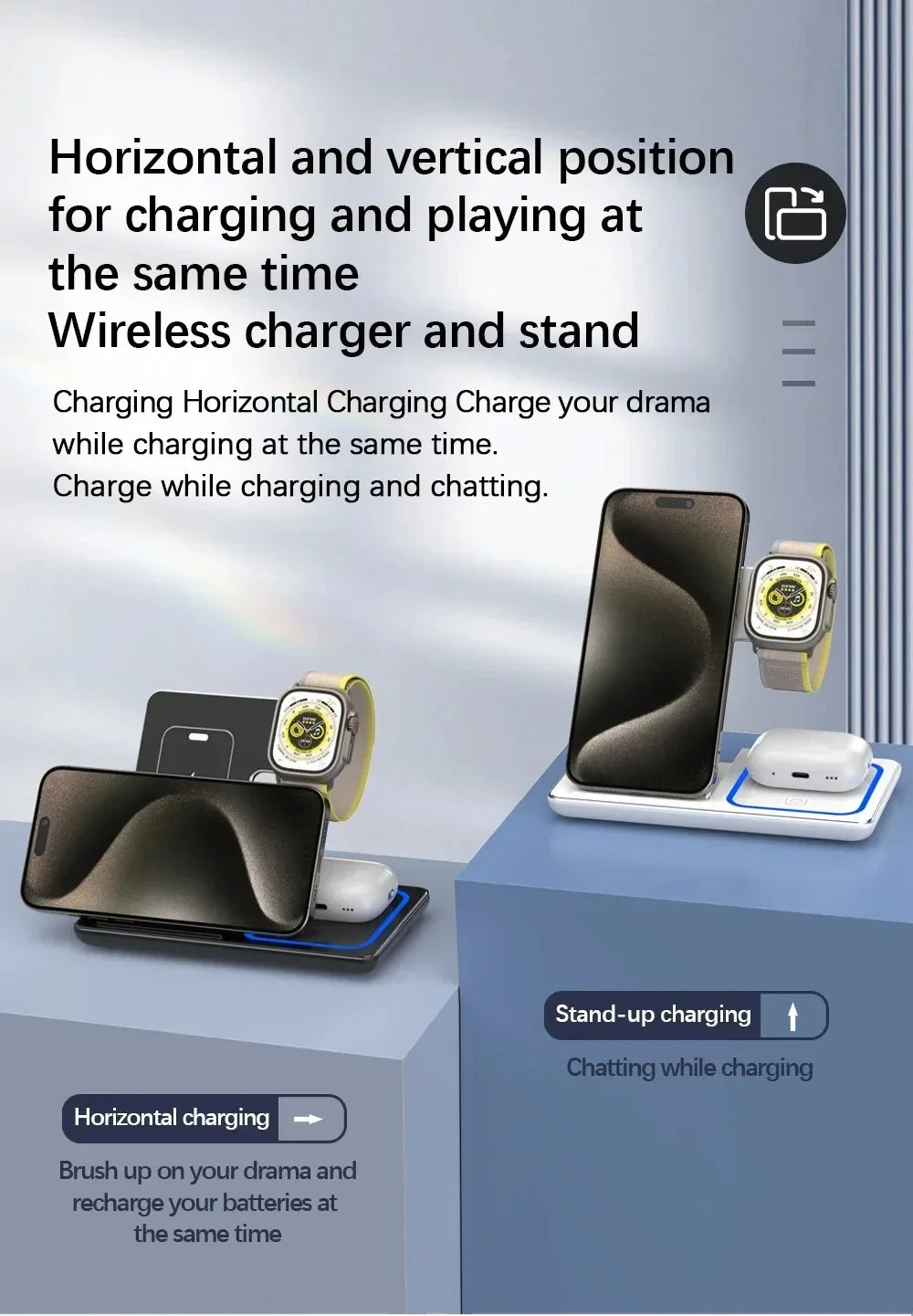 30W Foldable 3-in-1 Wireless Charging Stand with LED