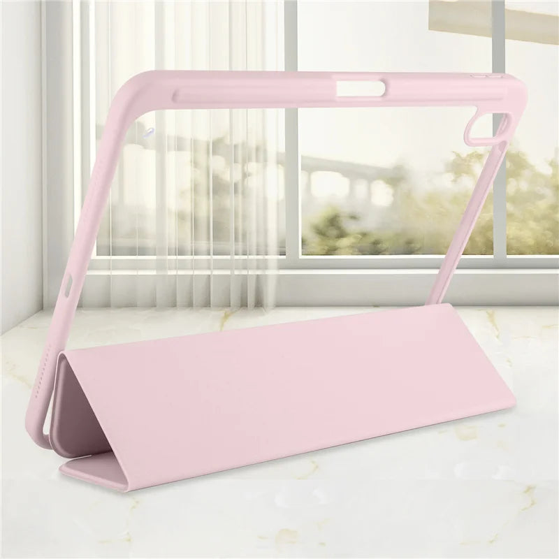 Pink stand on a white surface with a blurred window background