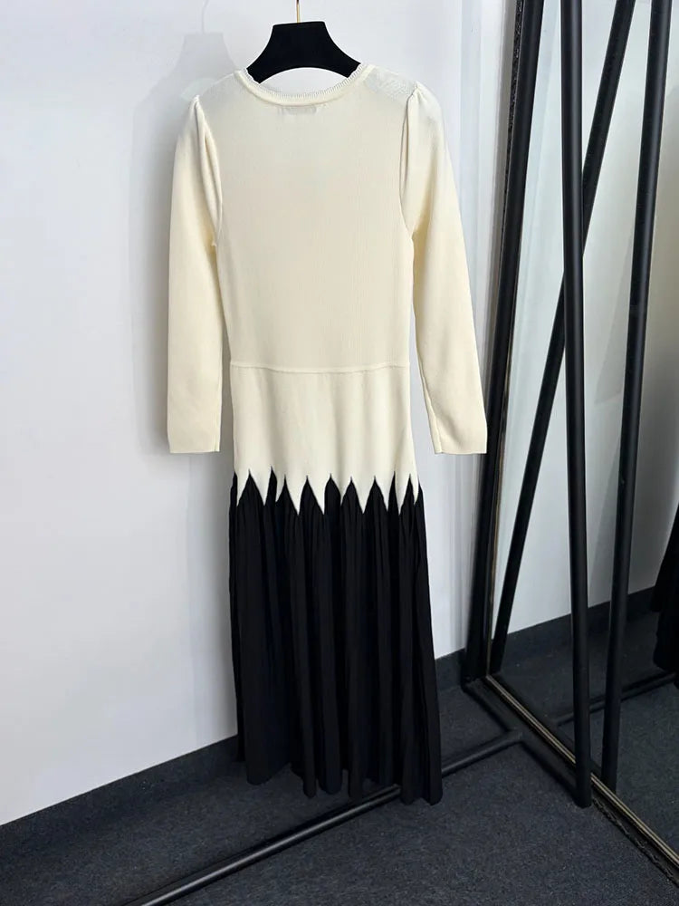 Women's V-Neck Patchwork Knit Midi Dress