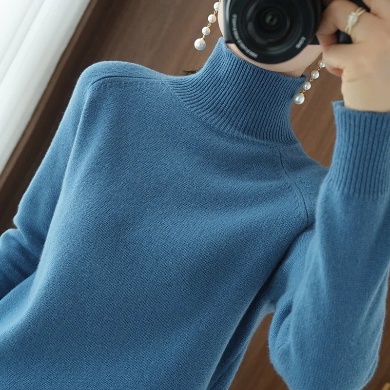 Fashion Basic Autumn Winter Merino Wool Sweater Mock Neck Cashmere Pullover Solid Color Soft Long Sleeve Basic Clothing Tops