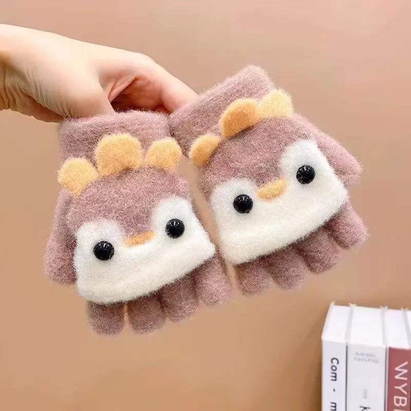 Kids' Penguin Flip-Top Mittens – Half-Finger Winter Gloves (Ages 2–6)