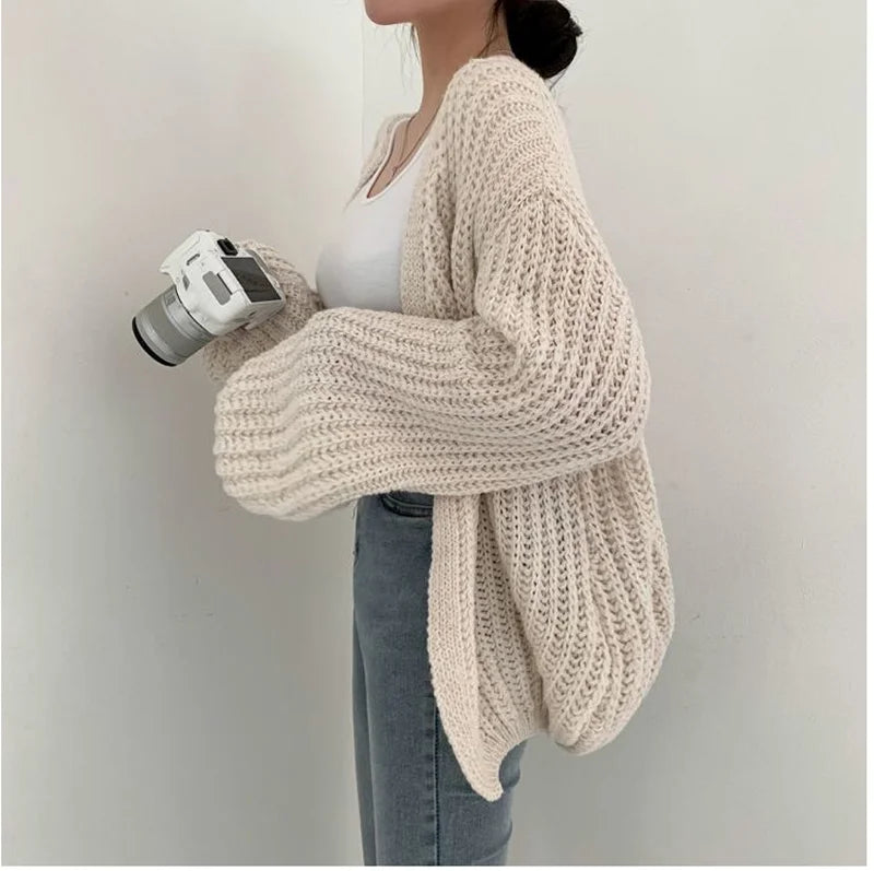 Women's Lantern-Sleeve Knit Cardigan – Relaxed Open-Front Sweater