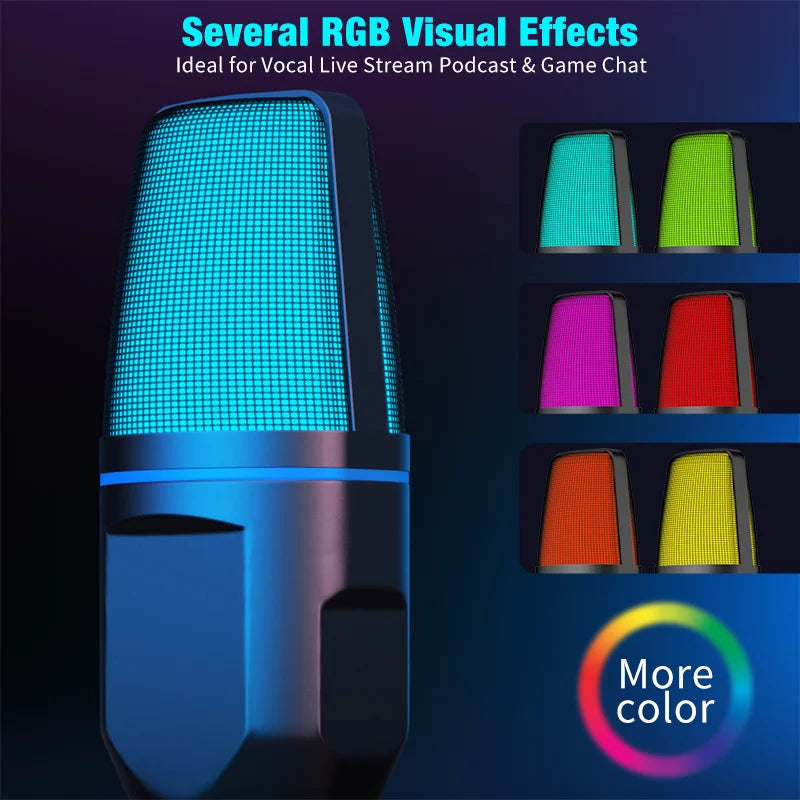 ميكروفون مكثف بمنفذ USB وإضاءة RGB - ميكروفون سهل التوصيل والتشغيل للبودكاست والألعاب