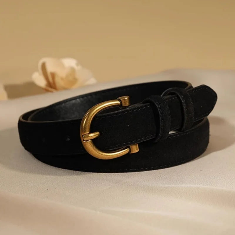 Women's Suede Belt with Gold Horseshoe Buckle