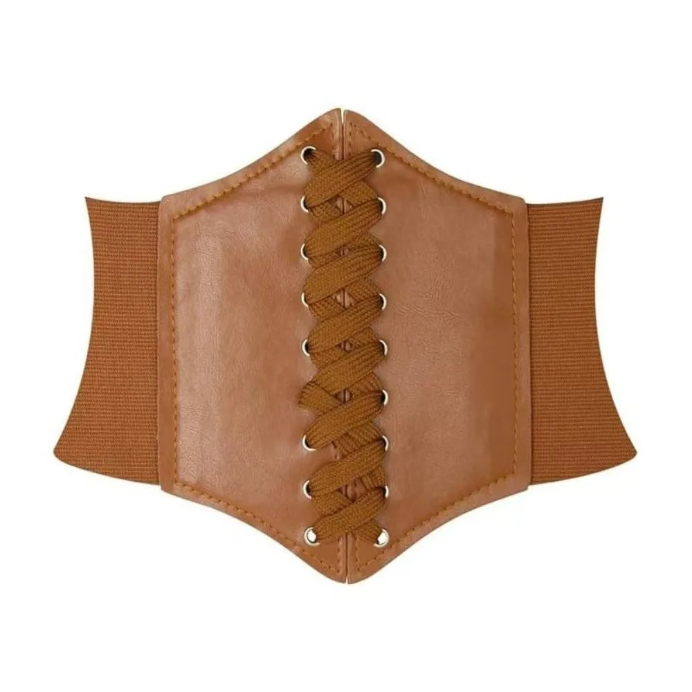 Women's Wide Elastic Corset Belt – Faux Leather Lace-Up Waist Belt