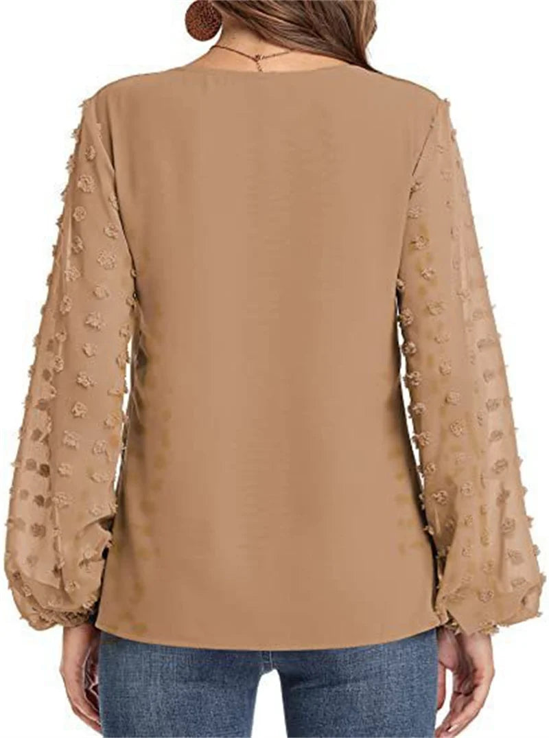 Elegant Chiffon Splicing Bubble Sleeve Blouse Female British Style Comfortable Commuter Shirt Women's V Neck Pullover Loose Tops
