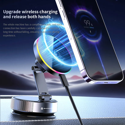 Cargador inalámbrico RGB de 15 W para coche y soporte de teléfono de 360°