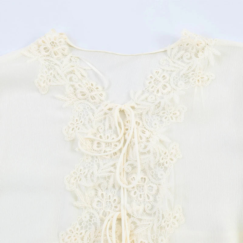 Willshela Women Fashion Lace Patchwork Lace Up Ruffled Pleated Blouse Vintage O-Neck Long Sleeves Female Chic Lady Shirts