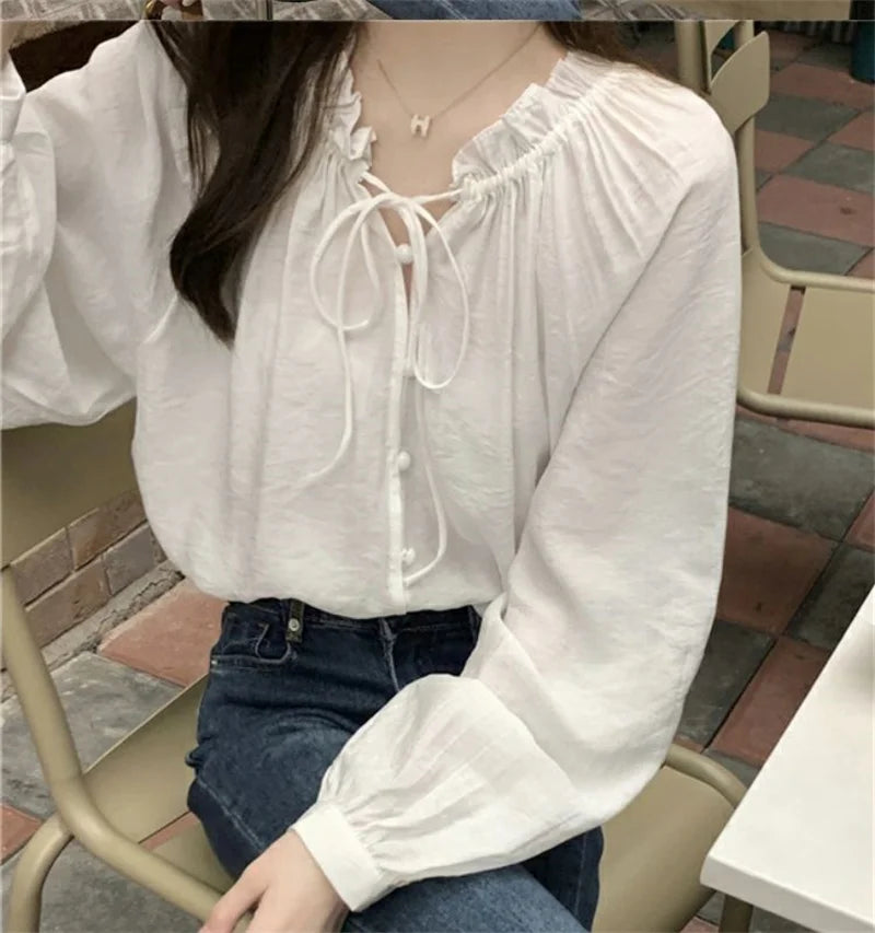French Solid Color Leisure Women Sweet Solid Color V-neck Ruffled Edge Pullover Shirt Female Loose Fitting Lantern Sleeve Blouse